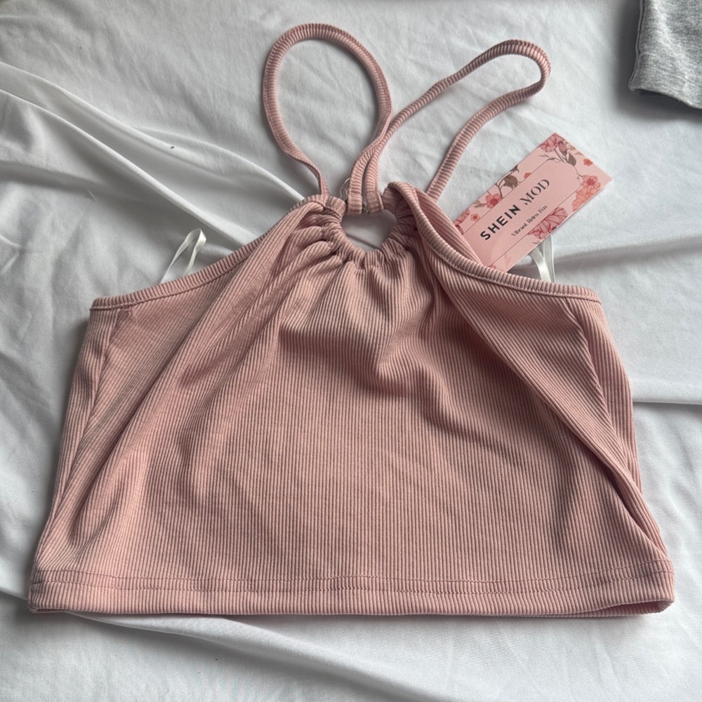Pink Heart Ribbed Halter Top